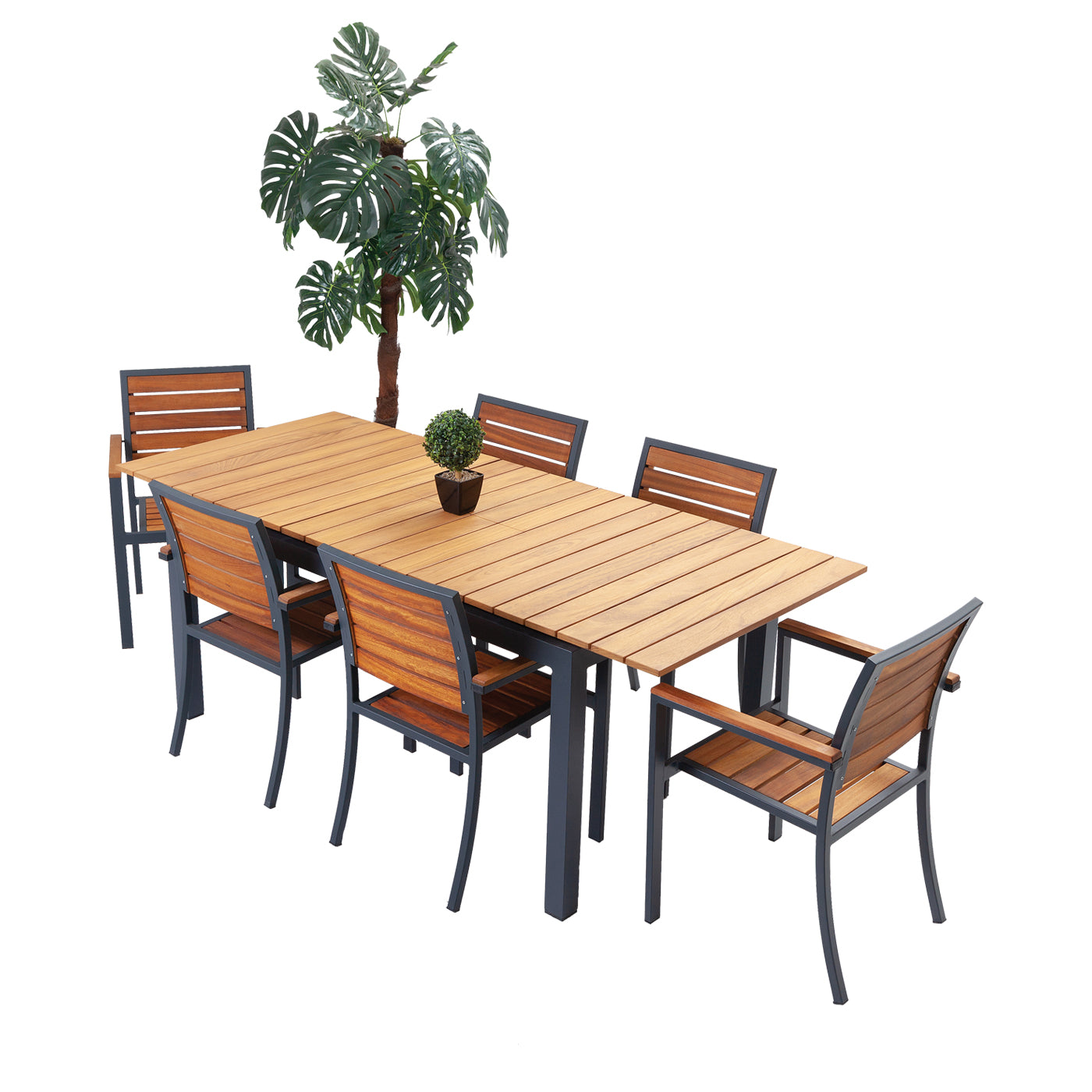 Iroko panel detaylı, koyu ton metal gövdeli Omega dış mekân sandalyeleri – Eral Garden