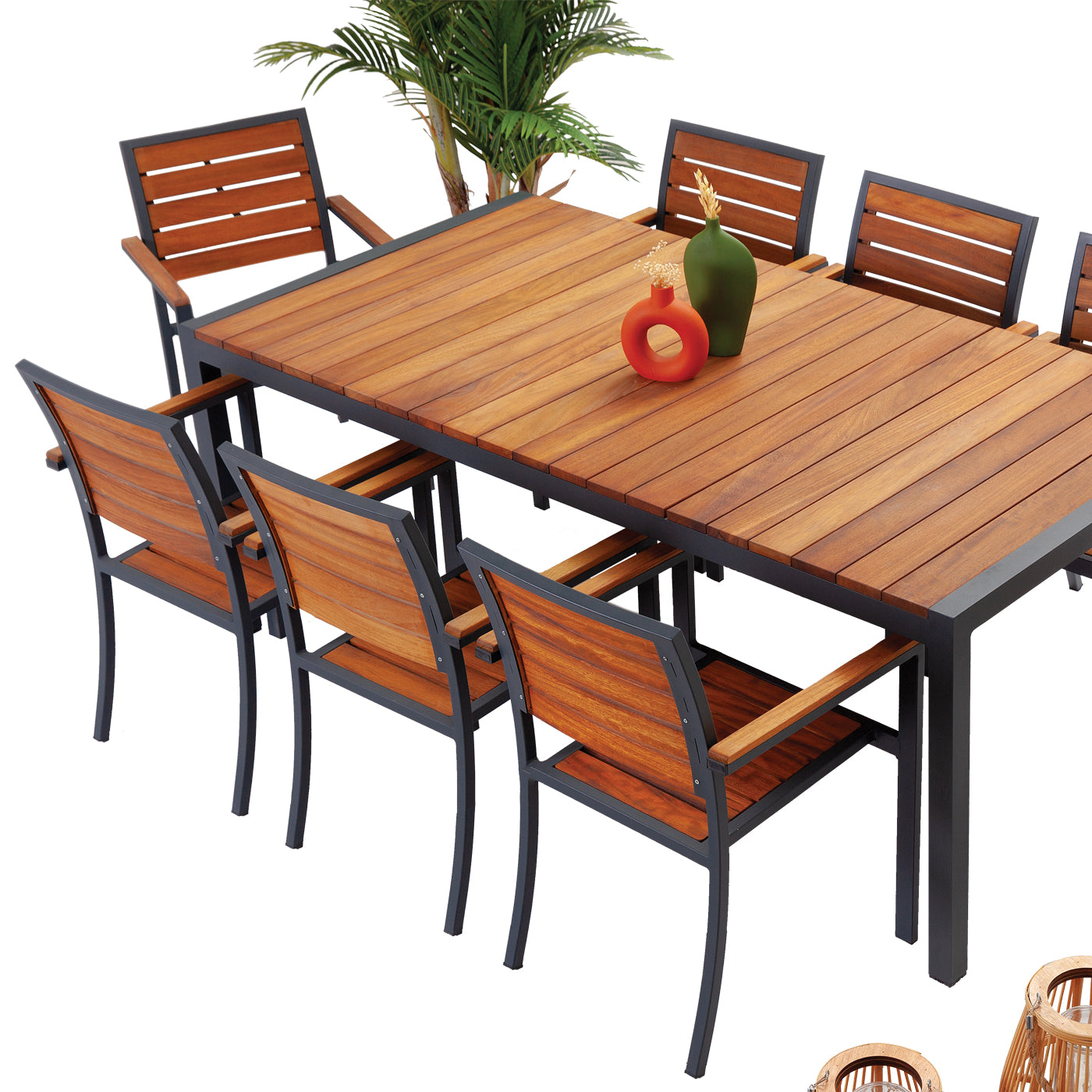 Omega 100 x 200 bahçe yemek takımı, antrasit alüminyum gövdeli ve iroko ahşap tablalı masa ile 8 kişilik dış mekân sofra – Eral Garden